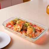 Kuber Industries 1000 ml Borosilicate Printed Glass Baking Tray | Transparent Microwave Oven Safe Utensils | Rectangular Bread Moulds for Baking | Dishwasher Safe | Multipurpose use Serving Tray